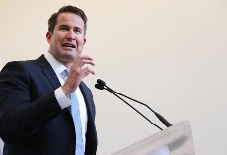 Burlington, MA- April 09, 2018: Congressman Seth Moulton (D-Mass.) during a program announcing the partnership between the U. S. Army Research Laboratory and North Eastern University at the George J. Kostas Research Institute for Homeland Security in Burlington, MA on April 09, 2018. The announcement recognized the the agreement between the U. S. Army Research Laboratory and North Eastern University to locate the Northeastern Regional Hub for ARL?s Extended Campus at Northeastern?s George J. Kostas Research Institute. (Craig F. Walker/Globe Staff) section: metro reporter:

